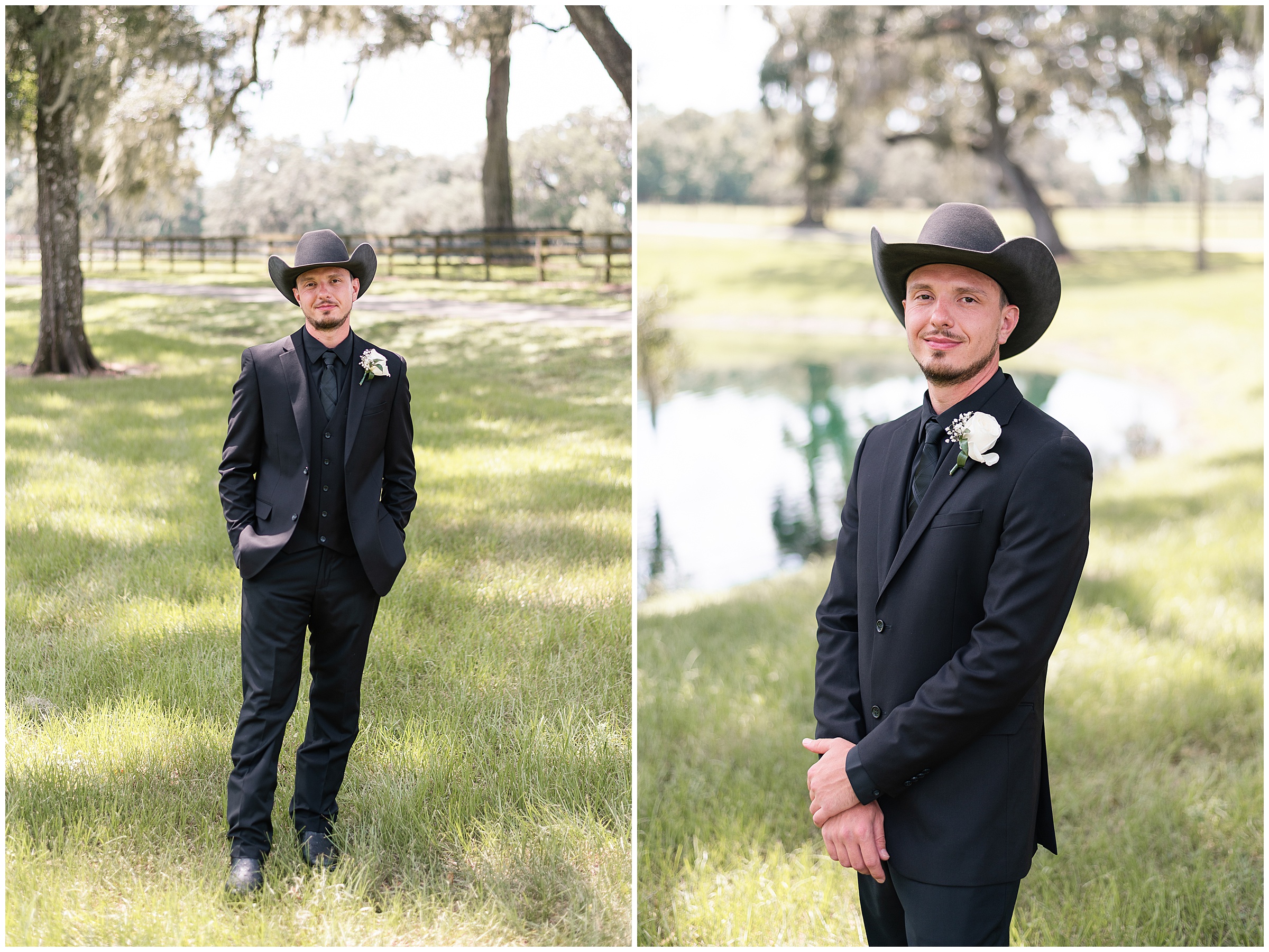 A groom in an all black suit with a black cowboy hat. 