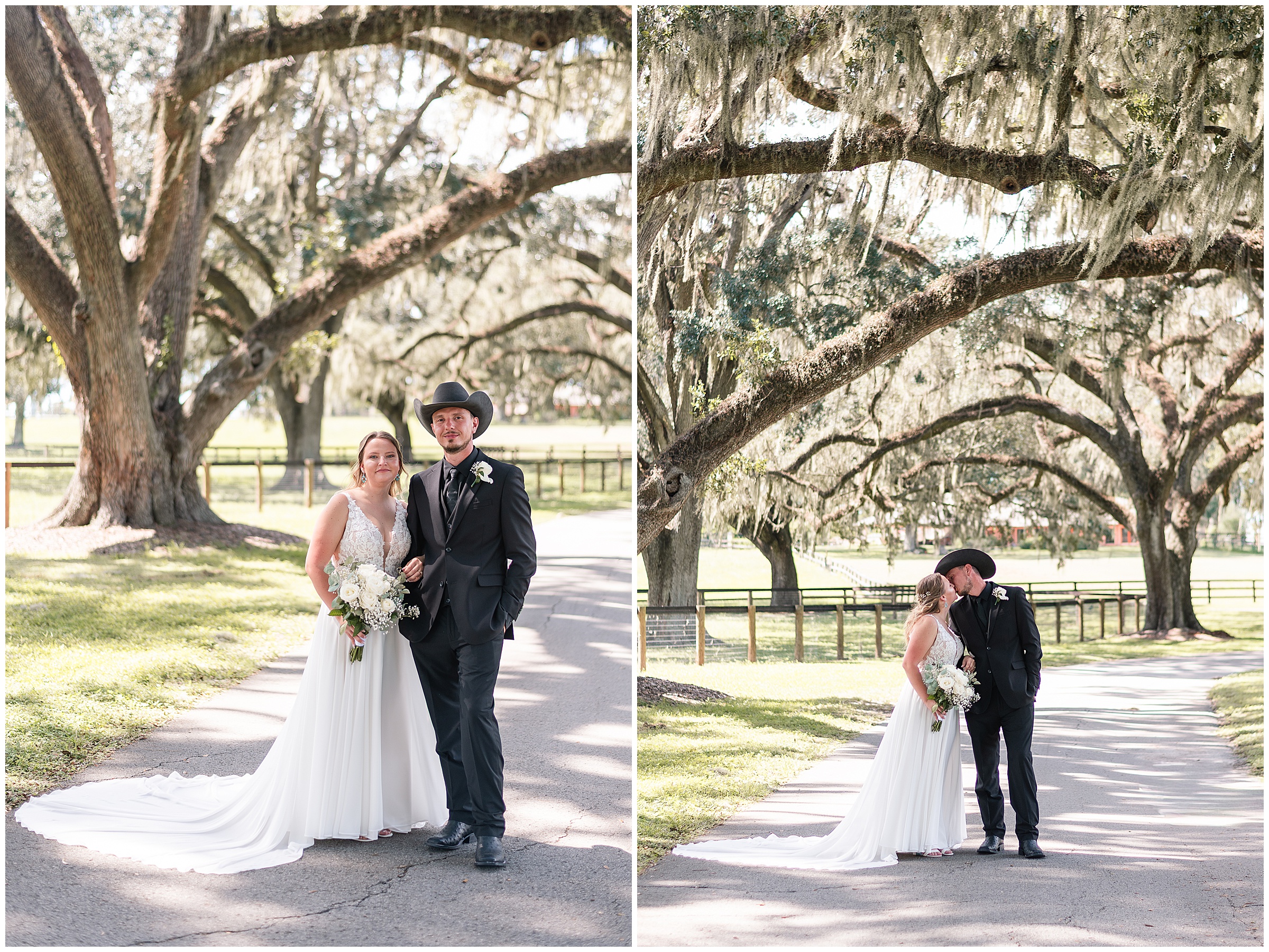 A bride and groom smiling and kissing underneath beautiful oak trees at their Ocala Wedding at Protea Weddings and Events. 