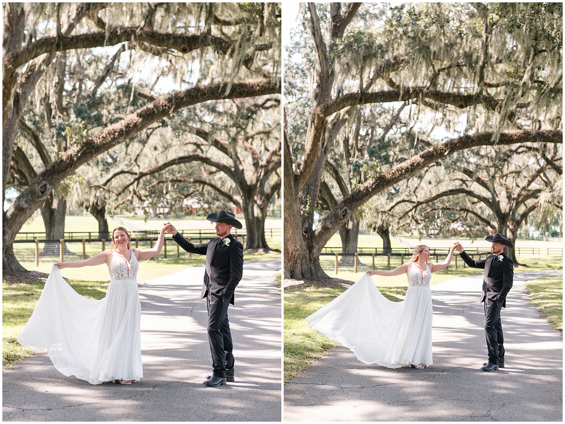 A bride and groom dancing underneath beautiful large oak trees at their Ocala Wedding at Protea Weddings and Events. 
