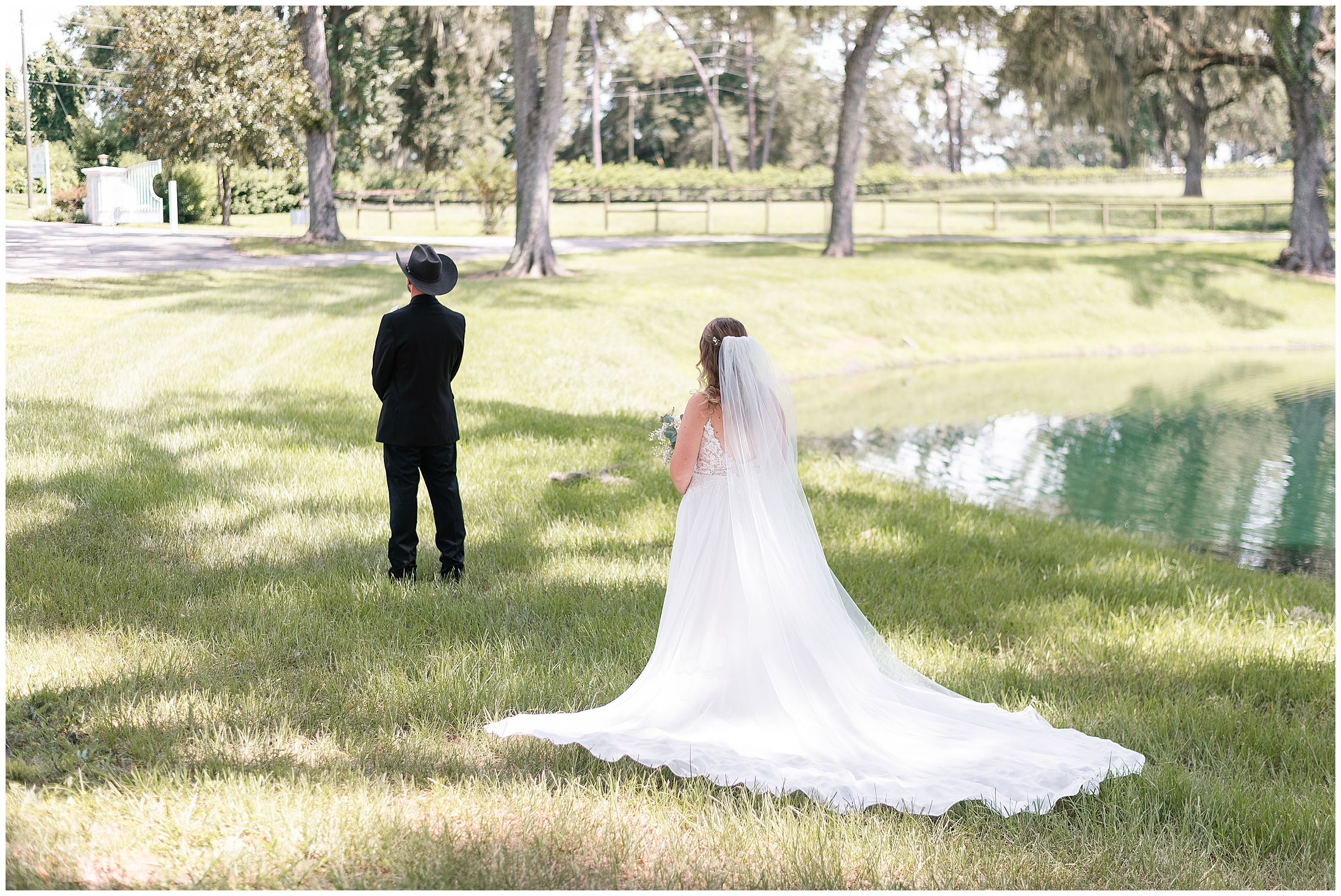 A Bride and groom about to share their First Look with one another at Protea Weddings and Events in Ocala, FL. 