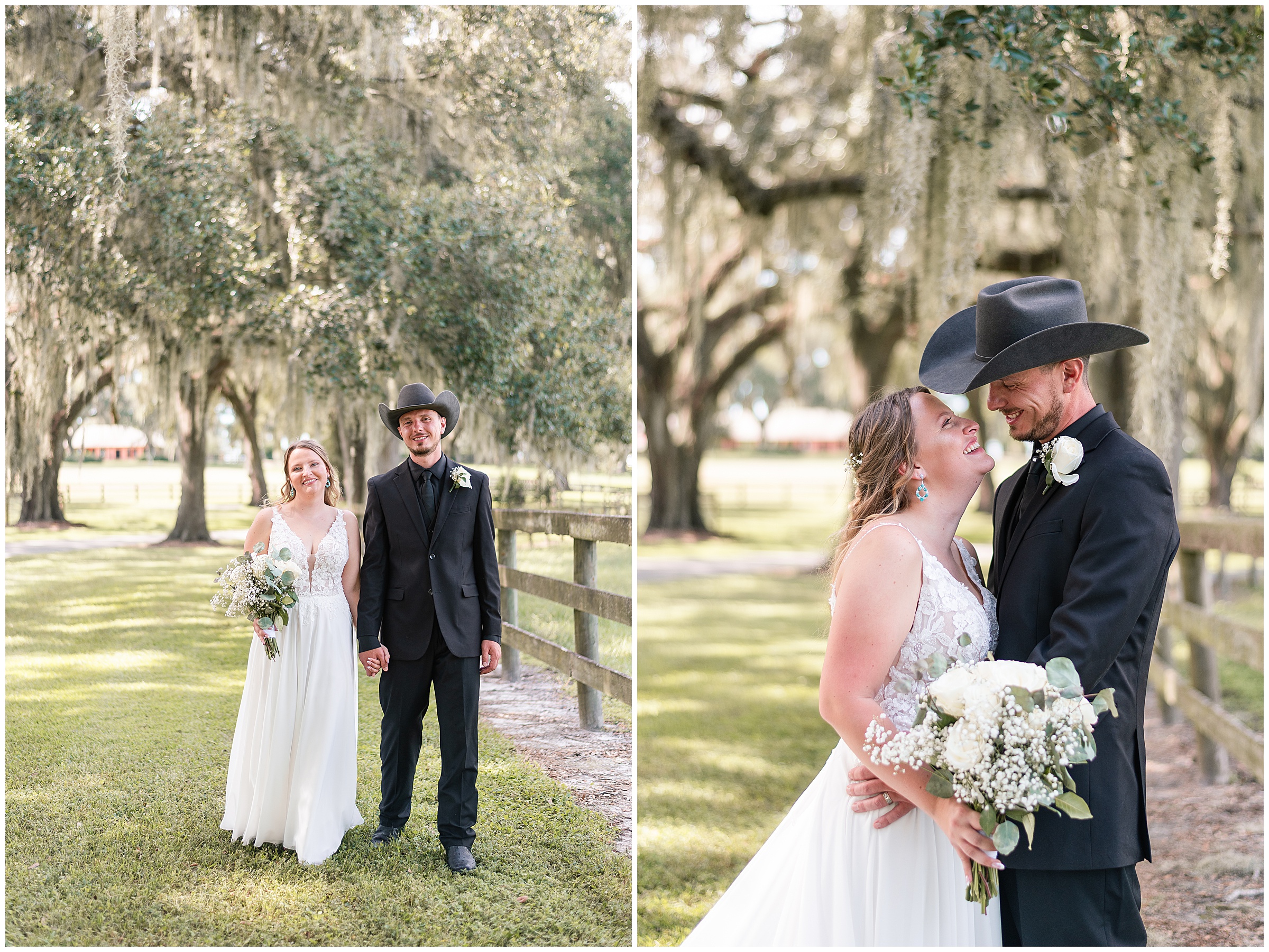 A bride and groom smiling and laughing with one another during their wedding photos along a fenceline and underneath oak trees at their Ocala Wedding at Protea Weddings and Events. 