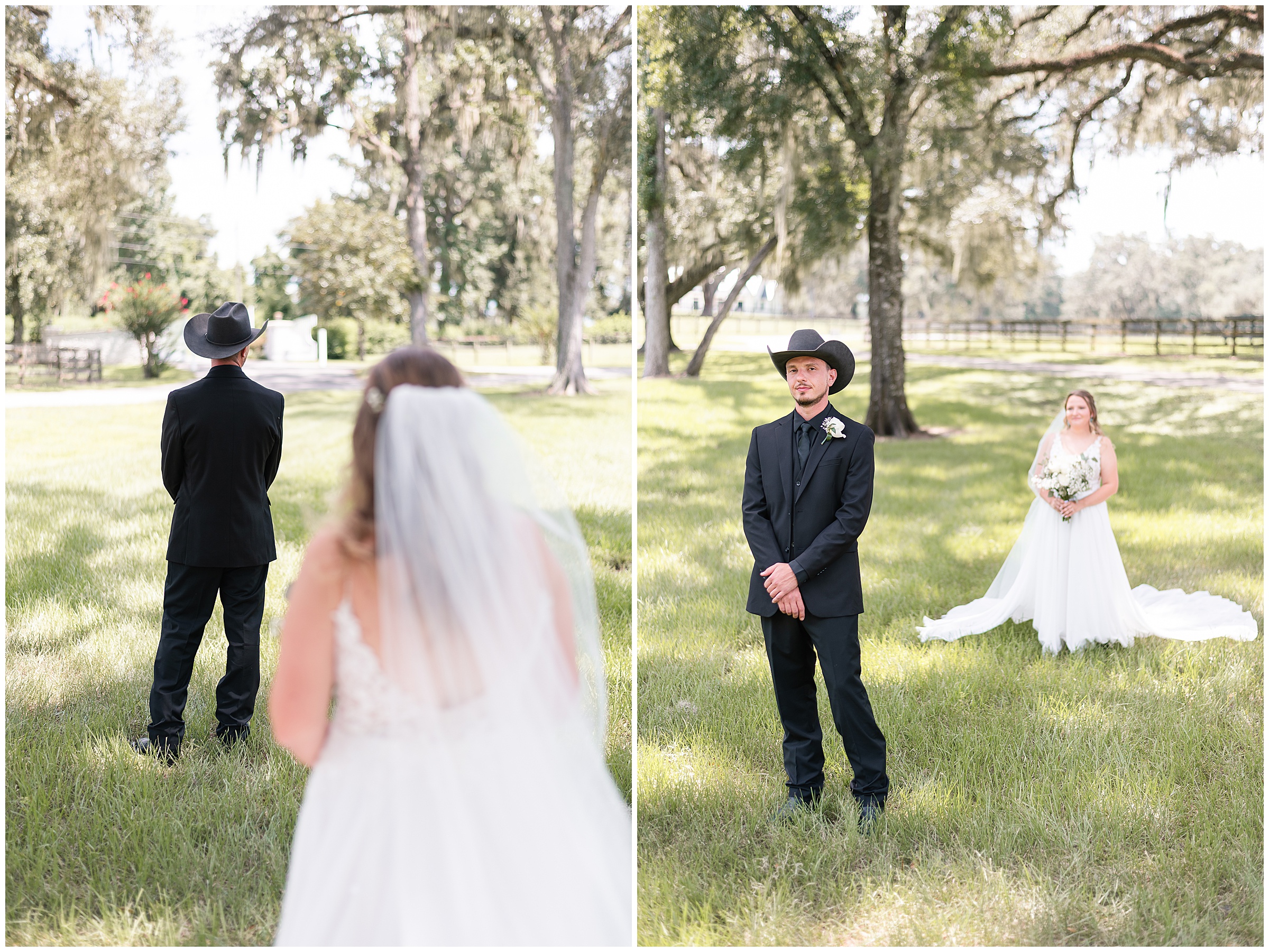 A Bride and groom about to share their First Look with one another at Protea Weddings and Events in Ocala, FL. 