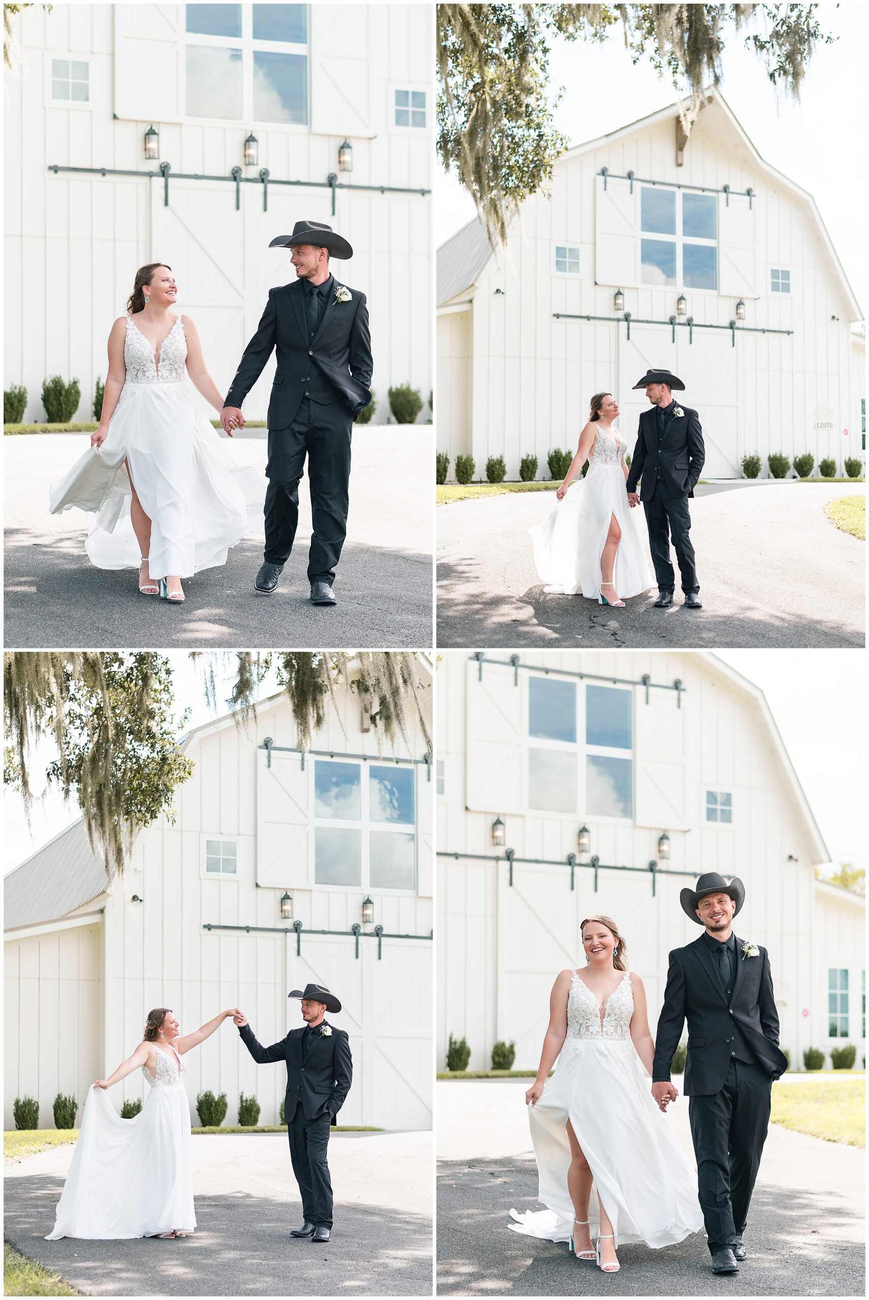A bride and groom posing in front of the white barn at their Ocala Wedding at Protea Weddings and Events. 