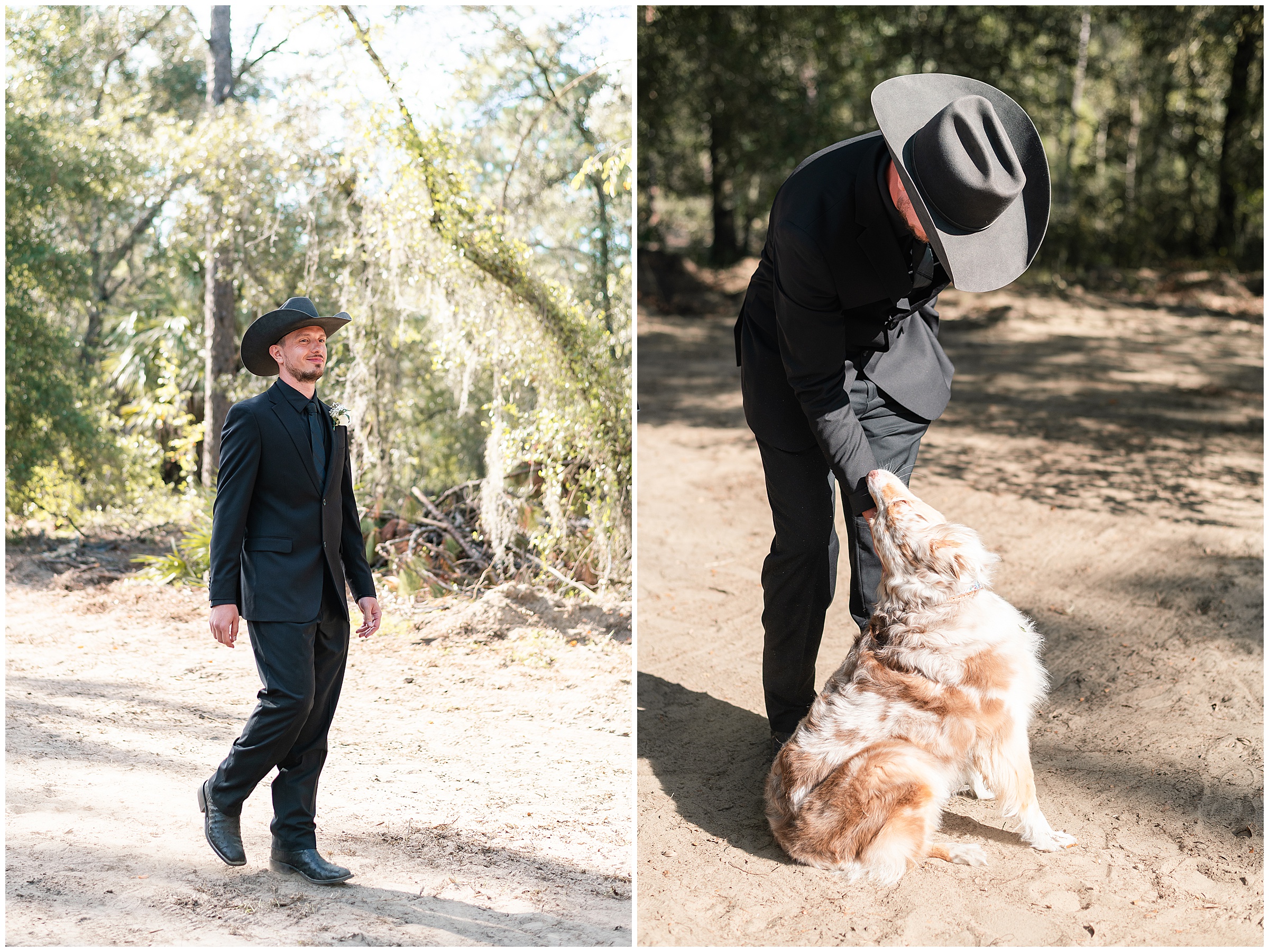 A groom walking down the aisle and being greeted by their australian shepherd dog. 