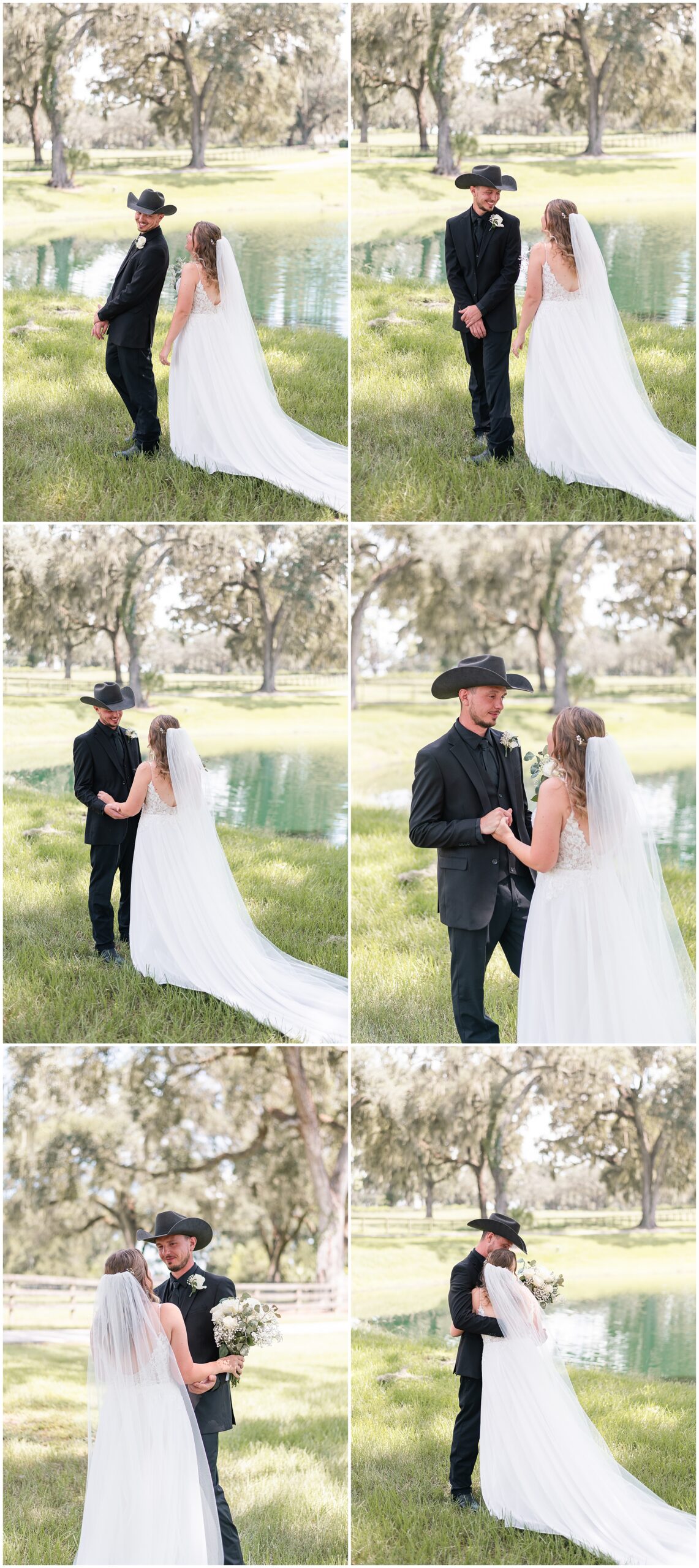 A first look between a bride and groom near the pond at an Ocala Wedding at Protea Wedding and Events