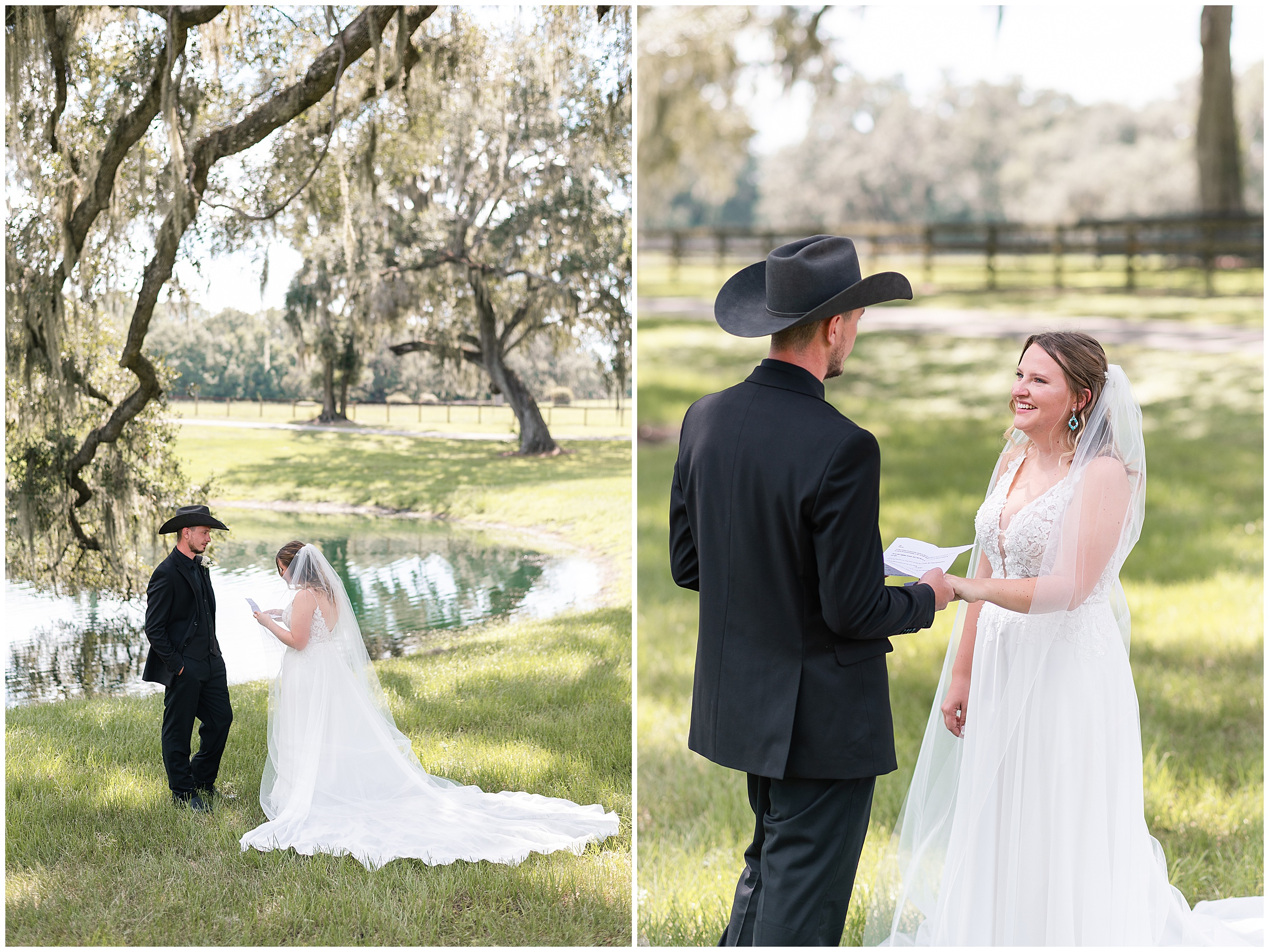 A bride and groom reading their vows to one another underneath an oak tree with a pond behind them at an Ocala Wedding at Protea Wedding and Events.